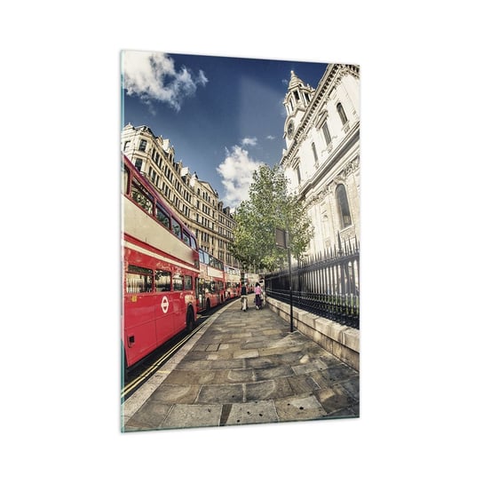 Obraz na szkle - Londyńska ulica w szarości i czerwieni - 50x70cm - Miasto Londyn Czerwony Autobus - Nowoczesny szklany obraz do salonu do sypialni ARTTOR ARTTOR