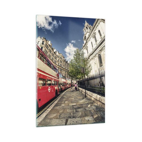 Obraz na szkle - Londyńska ulica w szarości i czerwieni - 80x120cm - Miasto Londyn Czerwony Autobus - Nowoczesny szklany obraz na ścianę do salonu do sypialni ARTTOR ARTTOR