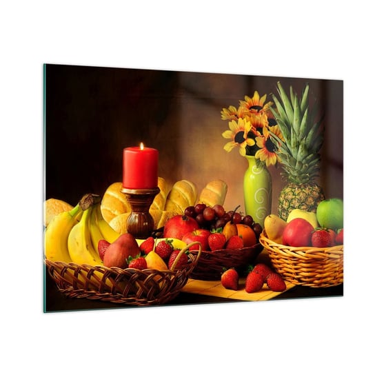 Obraz na szkle - Martwa natura z pieczywem i owocami - 100x70cm - Gastronomia Kwiaty Owoce - Nowoczesny foto szklany obraz do salonu do sypialni ARTTOR ARTTOR