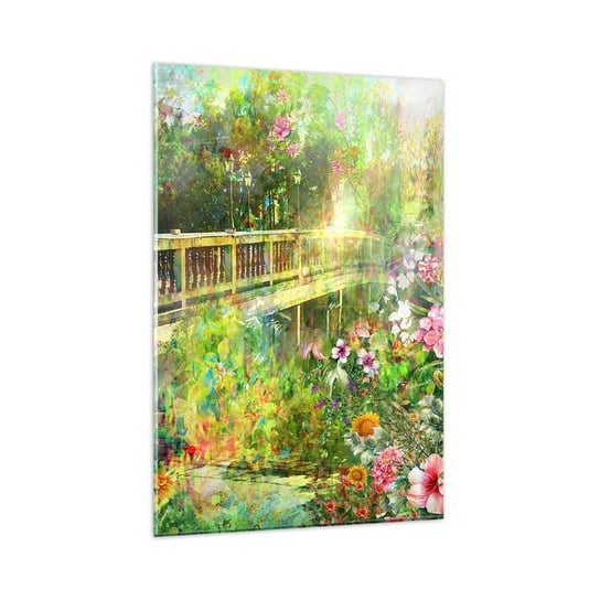Obraz na szkle - Mostek wiosennych westchnień - 80x120cm - Krajobraz Kwiaty Ogród - Nowoczesny szklany obraz na ścianę do salonu do sypialni ARTTOR ARTTOR
