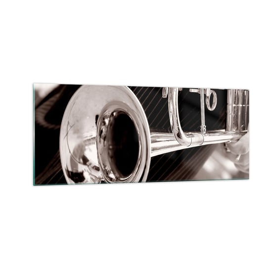 Obraz na szkle - Muzyczna podróż do lat 30. - 100x40cm - Muzyka Trąbka Instrument Muzyczny - Nowoczesny foto szklany obraz do salonu do sypialni ARTTOR ARTTOR