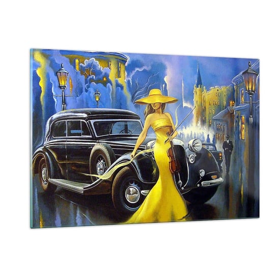 Obraz na szkle - Nokturn na skrzypce i miłość - 120x80cm - Samochód Retro Kobieta W Kapeluszu Pałac - Nowoczesny szklany obraz na ścianę do salonu do sypialni ARTTOR ARTTOR