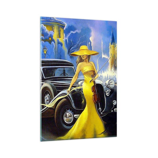 Obraz na szkle - Nokturn na skrzypce i miłość - 80x120cm - Samochód Retro Kobieta W Kapeluszu Pałac - Nowoczesny szklany obraz na ścianę do salonu do sypialni ARTTOR ARTTOR