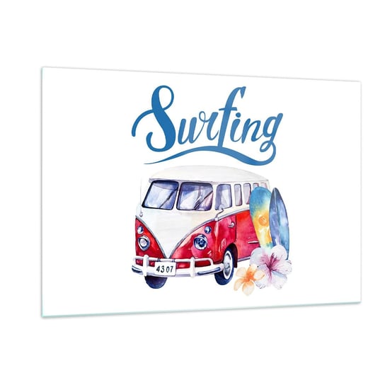 Obraz na szkle - Ogórek - klasyk dla surfera - 120x80cm - Autobus Vintage Podróże Deska Surfingowa - Nowoczesny szklany obraz na ścianę do salonu do sypialni ARTTOR ARTTOR