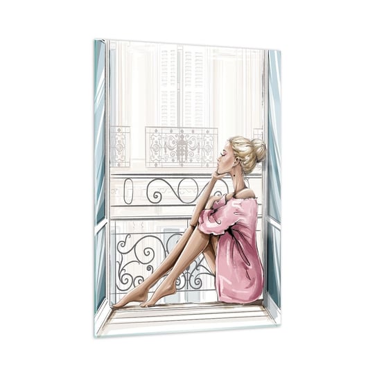 Obraz na szkle - Paryski poranek - 50x70cm - Kobieta Modelka Architektura - Nowoczesny szklany obraz do salonu do sypialni ARTTOR ARTTOR