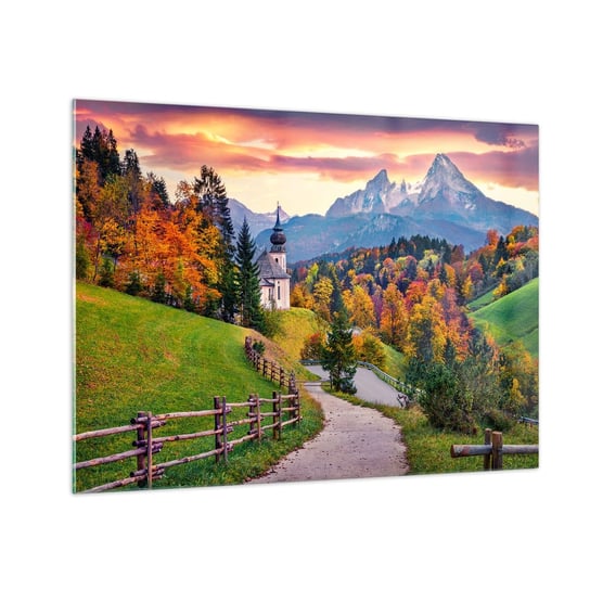 Obraz na szkle - Pejzaż jak malowanie - 70x50cm - Krajobraz Górski Ścieżka Kościół - Nowoczesny szklany obraz do salonu do sypialni ARTTOR ARTTOR