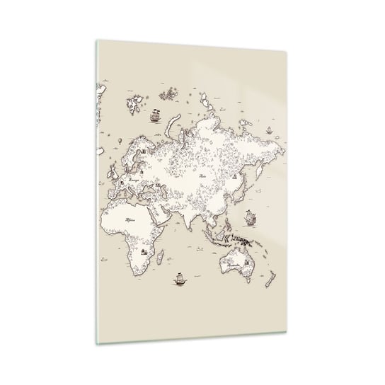 Obraz na szkle - Podróż dookoła świata - 50x70cm - Mapa Świata Kontynenty Statek Piracki - Nowoczesny szklany obraz do salonu do sypialni ARTTOR ARTTOR