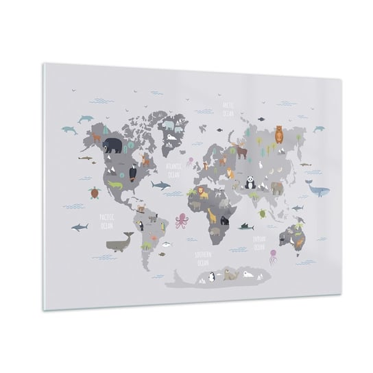 Obraz na szkle - Powiedz mi, skąd jesteś… - 100x70cm - Mapa Świata Zwierzęta Kontynenty - Nowoczesny foto szklany obraz do salonu do sypialni ARTTOR ARTTOR