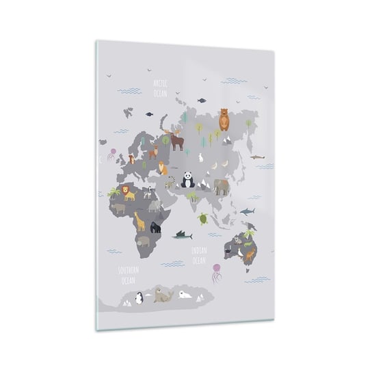 Obraz na szkle - Powiedz mi, skąd jesteś… - 70x100cm - Mapa Świata Zwierzęta Kontynenty - Nowoczesny foto szklany obraz do salonu do sypialni ARTTOR ARTTOR