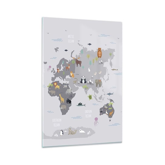 Obraz na szkle - Powiedz mi, skąd jesteś… - 80x120cm - Mapa Świata Zwierzęta Kontynenty - Nowoczesny szklany obraz na ścianę do salonu do sypialni ARTTOR ARTTOR
