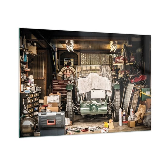 Obraz na szkle - Powrót do przeszłości - 100x70cm - Samochód Garaż Samochodowy Vintage - Nowoczesny foto szklany obraz do salonu do sypialni ARTTOR ARTTOR