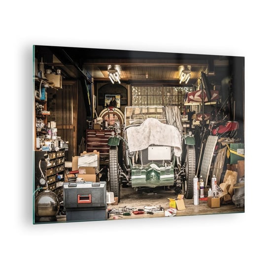 Obraz na szkle - Powrót do przeszłości - 70x50cm - Samochód Garaż Samochodowy Vintage - Nowoczesny szklany obraz do salonu do sypialni ARTTOR ARTTOR