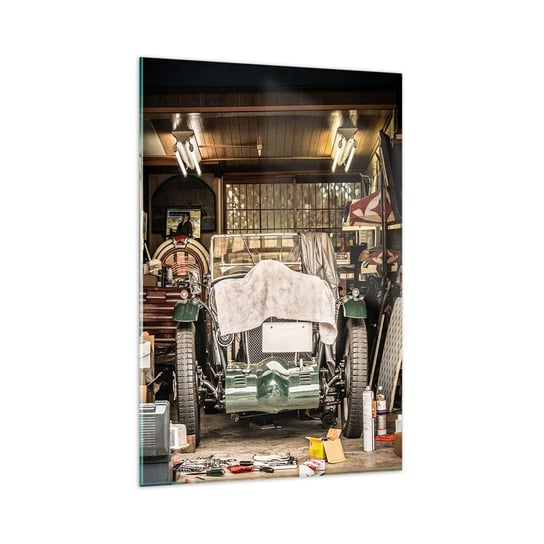 Obraz na szkle - Powrót do przeszłości - 80x120cm - Samochód Garaż Samochodowy Vintage - Nowoczesny szklany obraz na ścianę do salonu do sypialni ARTTOR ARTTOR