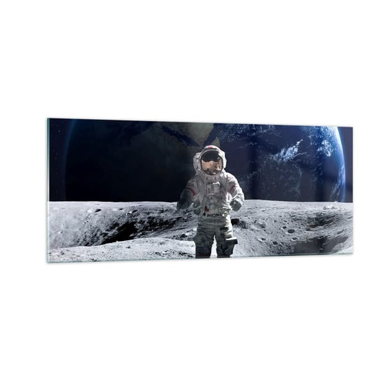 Obraz na szkle - Pozdrowienia z Księżyca - 100x40cm - Astronauta Księżyc Planeta Ziemia - Nowoczesny foto szklany obraz do salonu do sypialni ARTTOR ARTTOR