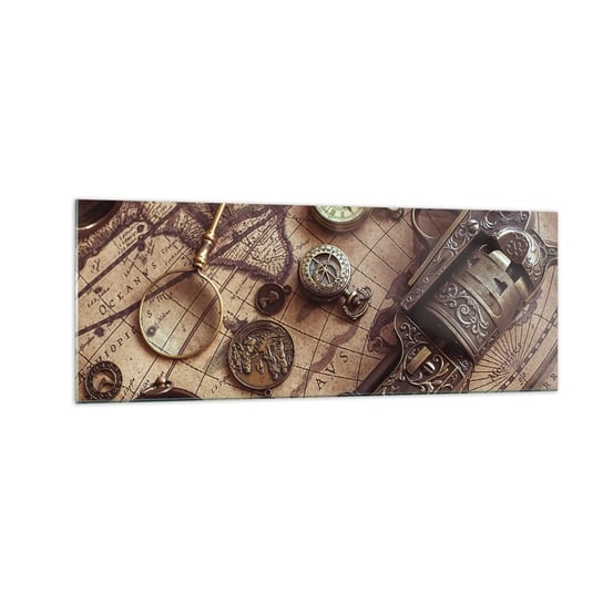 Obraz na szkle - Przygoda wzywa - 140x50cm - Mapa Świata Kompas Rewolwer - Nowoczesny szklany obraz do salonu do sypialni ARTTOR ARTTOR
