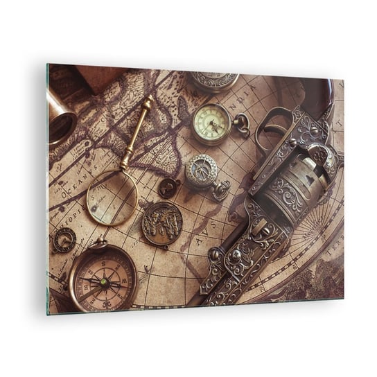 Obraz na szkle - Przygoda wzywa - 70x50cm - Mapa Świata Kompas Rewolwer - Nowoczesny szklany obraz do salonu do sypialni ARTTOR ARTTOR