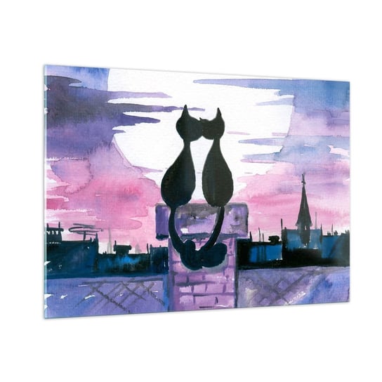 Obraz na szkle - Rendez-vous pod księżycem - 100x70cm - Koty Na Dachu Architektura Symbol Miłości - Nowoczesny foto szklany obraz do salonu do sypialni ARTTOR ARTTOR