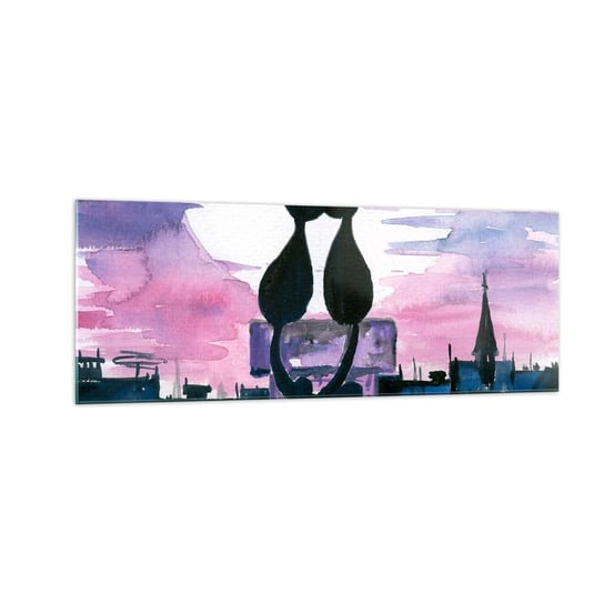 Obraz na szkle - Rendez-vous pod księżycem - 140x50cm - Koty Na Dachu Architektura Symbol Miłości - Nowoczesny szklany obraz do salonu do sypialni ARTTOR ARTTOR