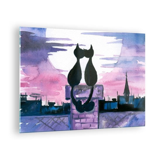 Obraz na szkle - Rendez-vous pod księżycem - 70x50cm - Koty Na Dachu Architektura Symbol Miłości - Nowoczesny szklany obraz do salonu do sypialni ARTTOR ARTTOR