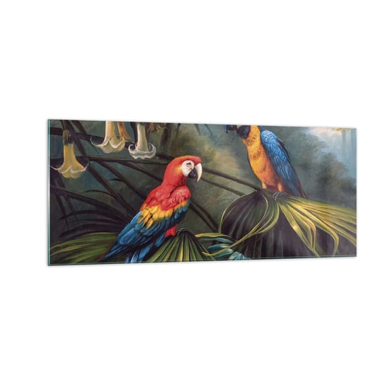 Obraz na szkle - Romantyzm w tropikach - 100x40cm - Papuga Ara Zwierzęta Las Tropikalny - Nowoczesny foto szklany obraz do salonu do sypialni ARTTOR ARTTOR