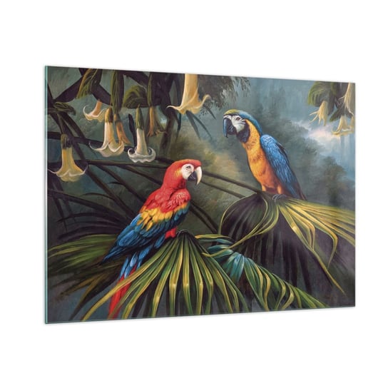 Obraz na szkle - Romantyzm w tropikach - 100x70cm - Papuga Ara Zwierzęta Las Tropikalny - Nowoczesny foto szklany obraz do salonu do sypialni ARTTOR ARTTOR