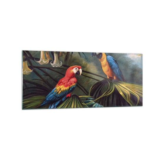 Obraz na szkle - Romantyzm w tropikach - 120x50cm - Papuga Ara Zwierzęta Las Tropikalny - Nowoczesny szklany obraz na ścianę do salonu do sypialni ARTTOR ARTTOR