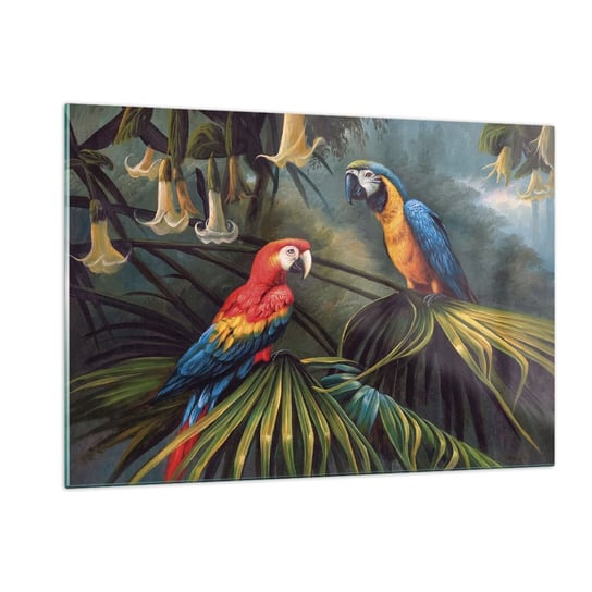 Obraz na szkle - Romantyzm w tropikach - 120x80cm - Papuga Ara Zwierzęta Las Tropikalny - Nowoczesny szklany obraz na ścianę do salonu do sypialni ARTTOR ARTTOR