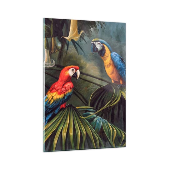 Obraz na szkle - Romantyzm w tropikach - 80x120cm - Papuga Ara Zwierzęta Las Tropikalny - Nowoczesny szklany obraz na ścianę do salonu do sypialni ARTTOR ARTTOR