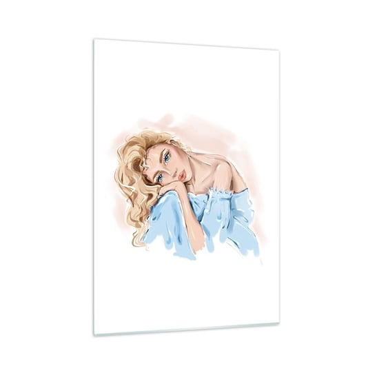 Obraz na szkle - Rozmarzona w błękicie - 50x70cm - Kobieta Moda Grafika - Nowoczesny szklany obraz do salonu do sypialni ARTTOR ARTTOR