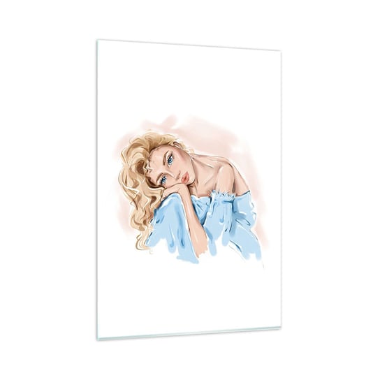 Obraz na szkle - Rozmarzona w błękicie - 80x120cm - Kobieta Moda Grafika - Nowoczesny szklany obraz na ścianę do salonu do sypialni ARTTOR ARTTOR
