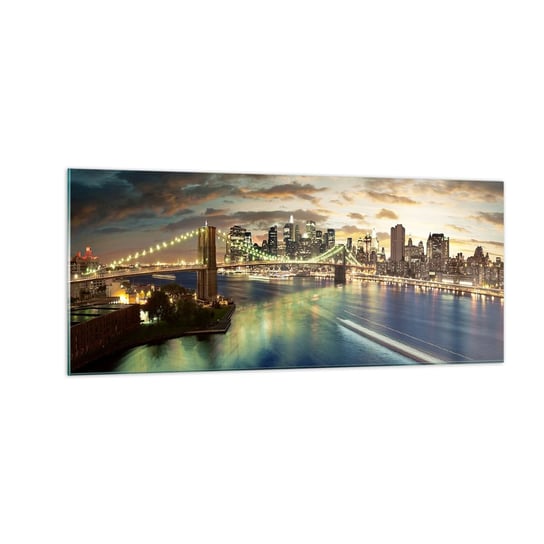 Obraz na szkle - Rozświetlony wieczór nad Manhatanem - 100x40cm - Miasto Most Nowy York - Nowoczesny foto szklany obraz do salonu do sypialni ARTTOR ARTTOR