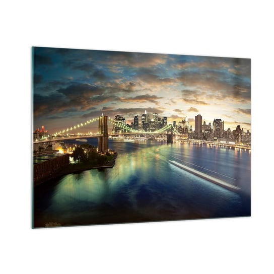 Obraz na szkle - Rozświetlony wieczór nad Manhatanem - 100x70cm - Miasto Most Nowy York - Nowoczesny foto szklany obraz do salonu do sypialni ARTTOR ARTTOR