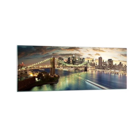 Obraz na szkle - Rozświetlony wieczór nad Manhatanem - 140x50cm - Miasto Most Nowy York - Nowoczesny szklany obraz do salonu do sypialni ARTTOR ARTTOR