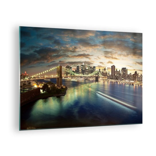 Obraz na szkle - Rozświetlony wieczór nad Manhatanem - 70x50cm - Miasto Most Nowy York - Nowoczesny szklany obraz do salonu do sypialni ARTTOR ARTTOR