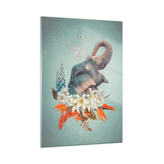 Obraz na szkle - Ryk radości - 50x70cm - Słoń  Kwiaty Kolaż - Nowoczesny szklany obraz do salonu do sypialni ARTTOR ARTTOR