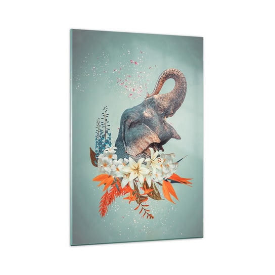 Obraz na szkle - Ryk radości - 80x120cm - Słoń  Kwiaty Kolaż - Nowoczesny szklany obraz na ścianę do salonu do sypialni ARTTOR ARTTOR