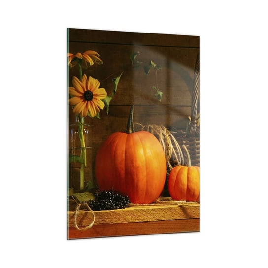 Obraz na szkle - Rystykalna kompozycja - dary jesieni - 50x70cm - Dynia Słoneczniki Martwa Natura - Nowoczesny szklany obraz do salonu do sypialni ARTTOR ARTTOR