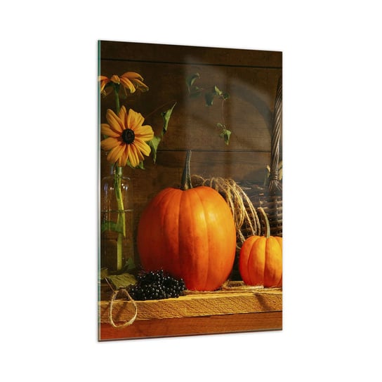 Obraz na szkle - Rystykalna kompozycja - dary jesieni - 80x120cm - Dynia Słoneczniki Martwa Natura - Nowoczesny szklany obraz na ścianę do salonu do sypialni ARTTOR ARTTOR