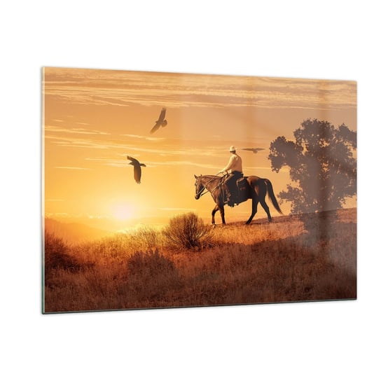 Obraz na szkle - Samotnie przez prerię - 120x80cm - Koń Kowboj Krajobraz - Nowoczesny szklany obraz na ścianę do salonu do sypialni ARTTOR ARTTOR