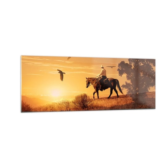 Obraz na szkle - Samotnie przez prerię - 140x50cm - Koń Kowboj Krajobraz - Nowoczesny szklany obraz do salonu do sypialni ARTTOR ARTTOR