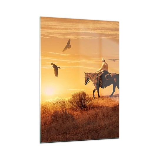 Obraz na szkle - Samotnie przez prerię - 50x70cm - Koń Kowboj Krajobraz - Nowoczesny szklany obraz do salonu do sypialni ARTTOR ARTTOR