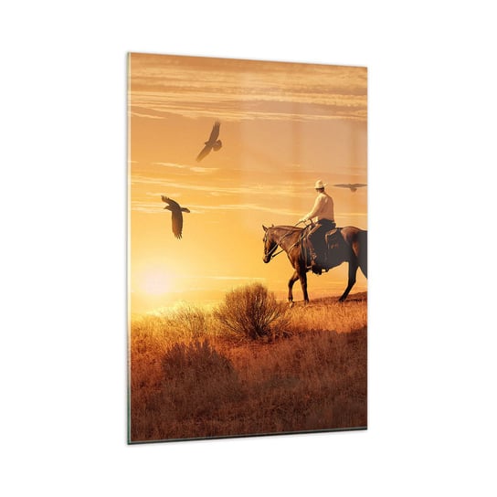 Obraz na szkle - Samotnie przez prerię - 80x120cm - Koń Kowboj Krajobraz - Nowoczesny szklany obraz na ścianę do salonu do sypialni ARTTOR ARTTOR