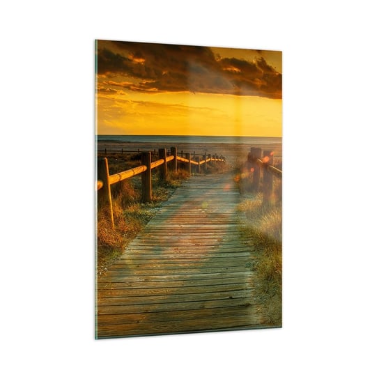 Obraz na szkle - Skąpane w starym złocie - 50x70cm - Krajobraz Morze Zejście Na Plażę - Nowoczesny szklany obraz do salonu do sypialni ARTTOR ARTTOR