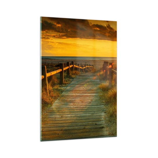 Obraz na szkle - Skąpane w starym złocie - 80x120cm - Krajobraz Morze Zejście Na Plażę - Nowoczesny szklany obraz na ścianę do salonu do sypialni ARTTOR ARTTOR