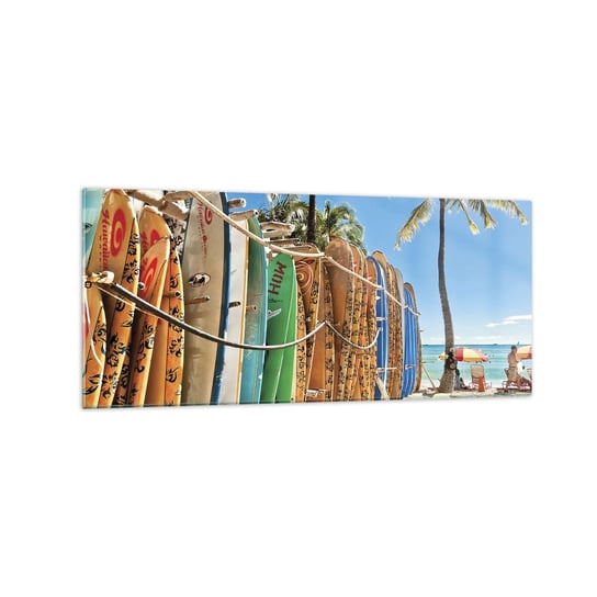 Obraz na szkle - Słoneczna zabawa - 120x50cm - Krajobraz Deska Surfingowa Plaża - Nowoczesny szklany obraz na ścianę do salonu do sypialni ARTTOR ARTTOR