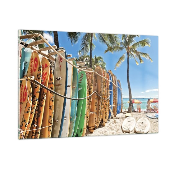 Obraz na szkle - Słoneczna zabawa - 120x80cm - Krajobraz Deska Surfingowa Plaża - Nowoczesny szklany obraz na ścianę do salonu do sypialni ARTTOR ARTTOR