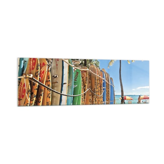 Obraz na szkle - Słoneczna zabawa - 160x50cm - Krajobraz Deska Surfingowa Plaża - Nowoczesny foto szklany obraz do salonu do sypialni ARTTOR ARTTOR
