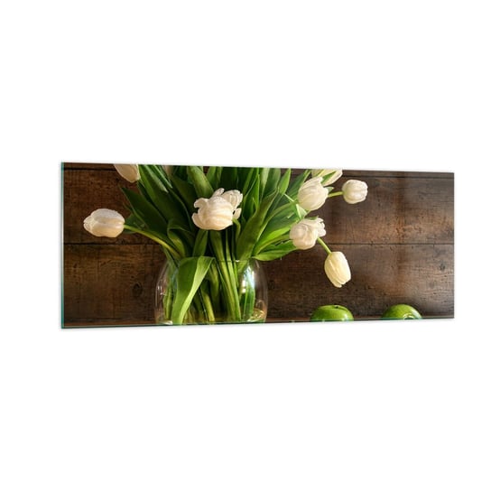Obraz na szkle - Soczyste i świeże w zieleni i bieli - 140x50cm - Kwiaty Tulipany Bukiet Kwiatów - Nowoczesny szklany obraz do salonu do sypialni ARTTOR ARTTOR