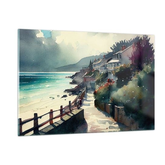 Obraz na szkle - Śródziemnomorskie miasteczko - 120x80cm - Domy Pejzaż Plaża - Nowoczesny szklany obraz na ścianę do salonu do sypialni ARTTOR ARTTOR