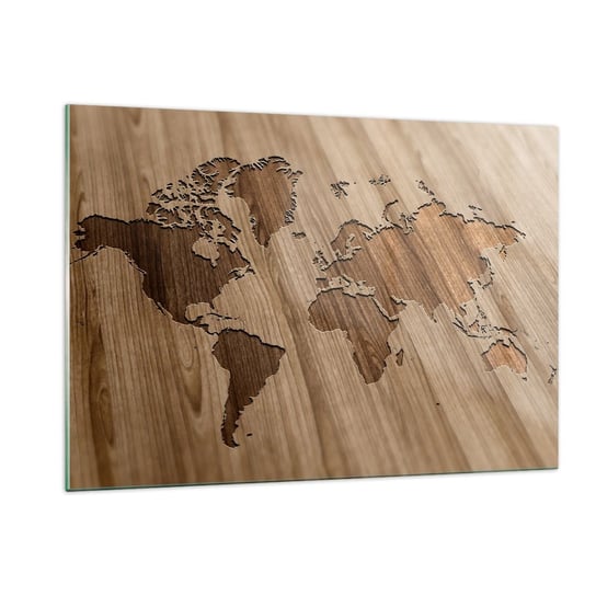 Obraz na szkle - Świat podany na stole - 120x80cm - Mapa Świata Drewno Kontynenty - Nowoczesny szklany obraz na ścianę do salonu do sypialni ARTTOR ARTTOR